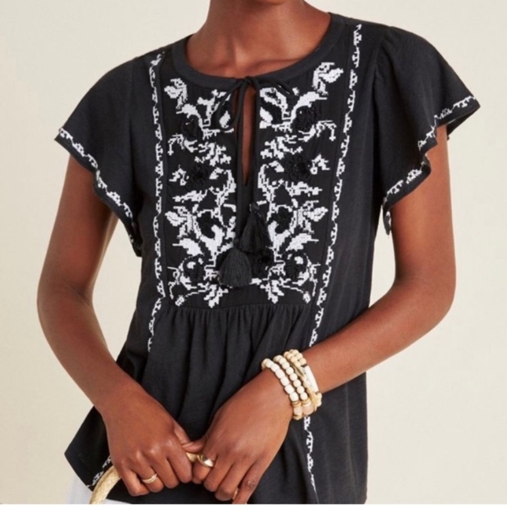 By Anthropologie Embroidered Black and White Women's Top Size XXS
